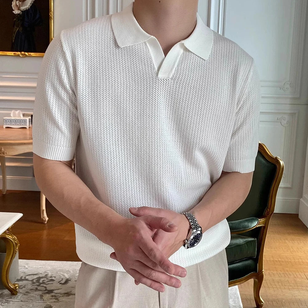 HEARUJOY  -  Casual Outings Short Sleeve Knitted Top Loose Fit Short Sleeve Top Fashion Male Clothing Slight Stretch Fabric