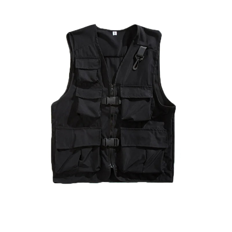 HEARUJOY  -  Pure Color V Neck Multi Pocket Utility Vest Men Trendy High Street Sporty Unisex Loose Sleeveless Jacket Functional Casual