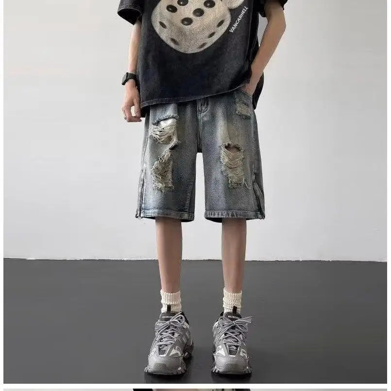 HEARUJOY  -  Men's New Zipper Slit Loose Straight-tipped Casual Five-point Ripped Denim Shorts