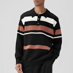 HEARUJOY  -  Fashion Textured Knitted Sweater Men Polo Shirts Long Sleeve Turn-down Collar Stripe Splicing Color Tops Autumn Men Knit Clothes