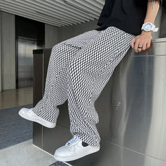 Hearujoy Summer Ice Silk Pants Men Oversized Retro Plaid Pants Men Japanese Streetwear Loose Wide Leg Pants Mens Pleated Trousers M-5XL