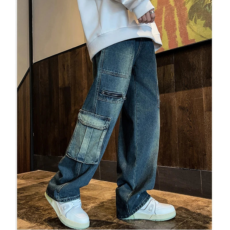 Hearujoy New Streetwear Patchwork  Jeans Cargo Pants Loose Plus Size Wide Leg Pants Harajuku Casual Denim Pants Men Clothing Y2K