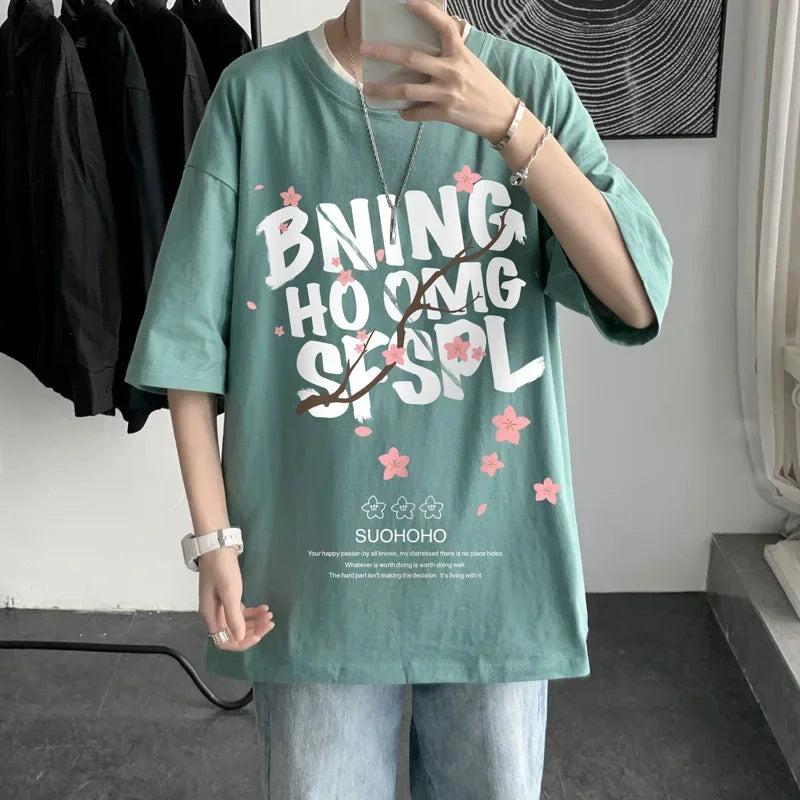 HEARUJOY  -  Men's CottonT-shirt Letters Mens Summer T Shirts White Fashion 5XL Oversized Tee Shirts Casual Tshirt for Man