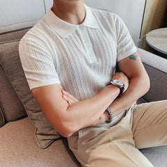 HEARUJOY  -  Summer Men's Clothing Luxury Hollow Out Knitted Polo Shirt Retro Solid Color Short-sleeved Korean Popular Knitwear Leisure Tees