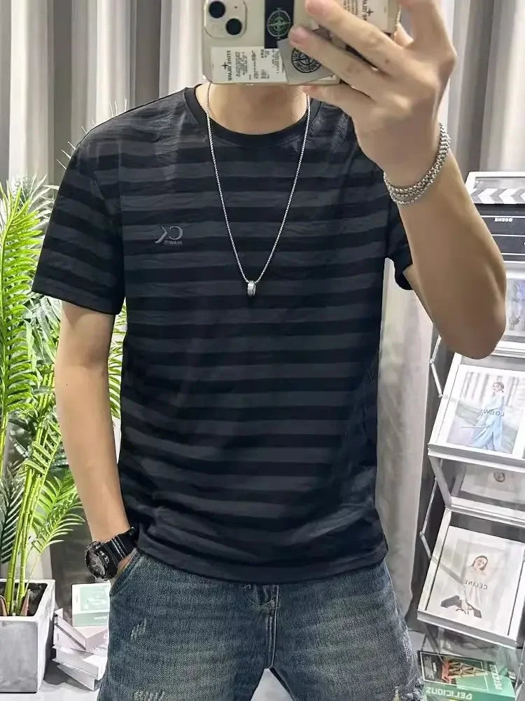 HEARUJOY  -  Man Tee Shirts O Neck Striped Apricot Cotton Linen T Shirt for Men Short Quarter Sleeve Summer Basic Cheap Clothes Ordinary Top