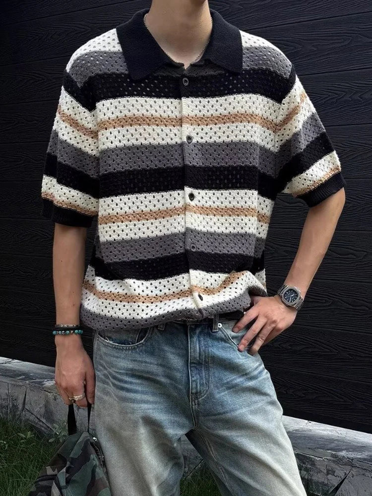 HEARUJOY  -  Ice Silk Knitting Shirts Mens 2025 Summer New Casual Striped Knit Cardigan Tops Men Clothing Vintage Buttoned Short Sleeve Shirt