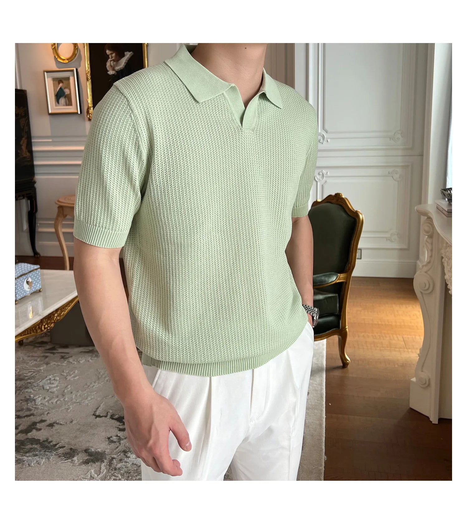 HEARUJOY  -  New Fashion Business Tops Men's Polo Shirt Light Luxury Leisure Knitted V Neck T-shirts for Man Korean Popular Short Sleeve Tees