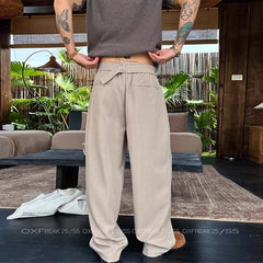 HEARUJOY  -  New Retro Fashion Men Suit Pants Light Luxury Draped Baggy Belt Button-down Solid Color Straight Trousers Elegant Dress Pants