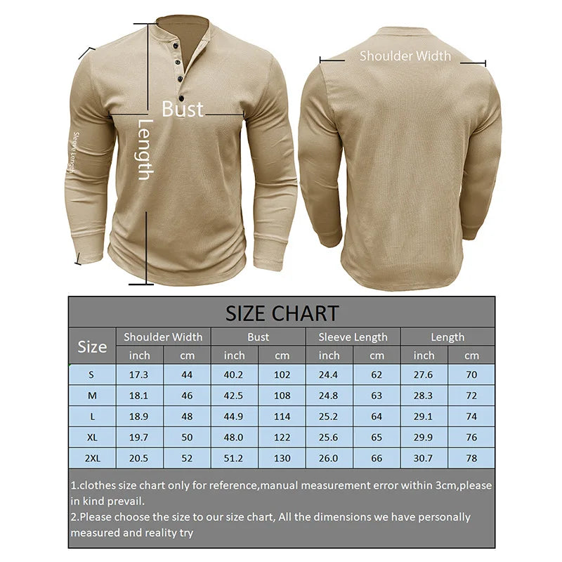 HEARUJOY  -  Men's Fashion Crewneck Long Sleeve T-shirt Henry Spring and Autumn Base Shirt Button Jumper Top