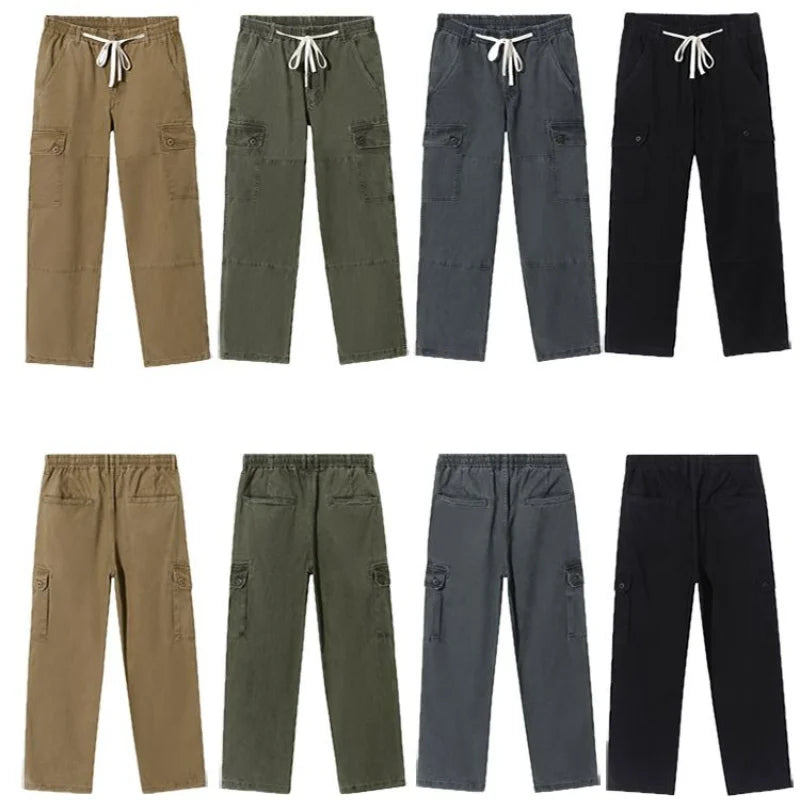 HEARUJOY  -  Streetwear Fashion Men Full Cargo Pants Spring Autumn Harajuku Vintage Oversize Solid Casual Male Loose Wide Leg Denim Trousers