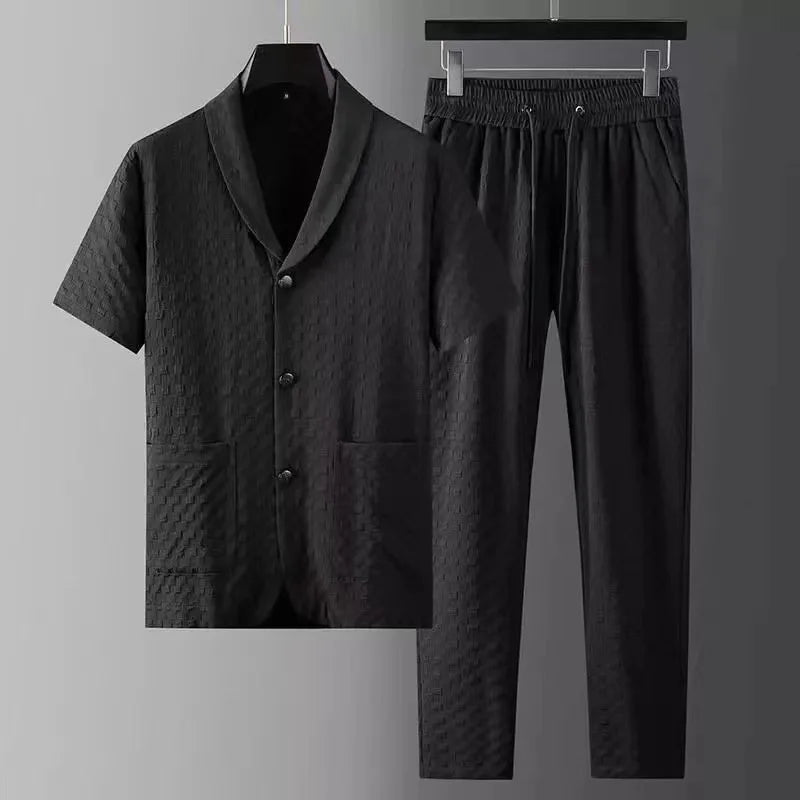 HEARUJOY  -  2Pcs Set Summer Men Casual Sports Suit Fashion Geometry Pattern Man Short Sleeve Blazer Shirt Top+Pants Business High End Outfit