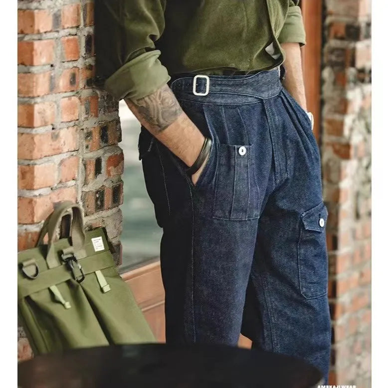 HEARUJOY  -  High Street Men Gurkha Jeans Cargo Pants Adjustable Waist Buckle Naples Trousers American Vintage Casual Loose Denim Pants