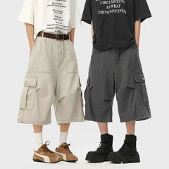 HEARUJOY  -  Summer Cotton Casual Pants Men Pocket Cargo Pants Men Japanese Streetwear Hip-hop Loose Wide Leg Pants Mens Calf-Length Pants