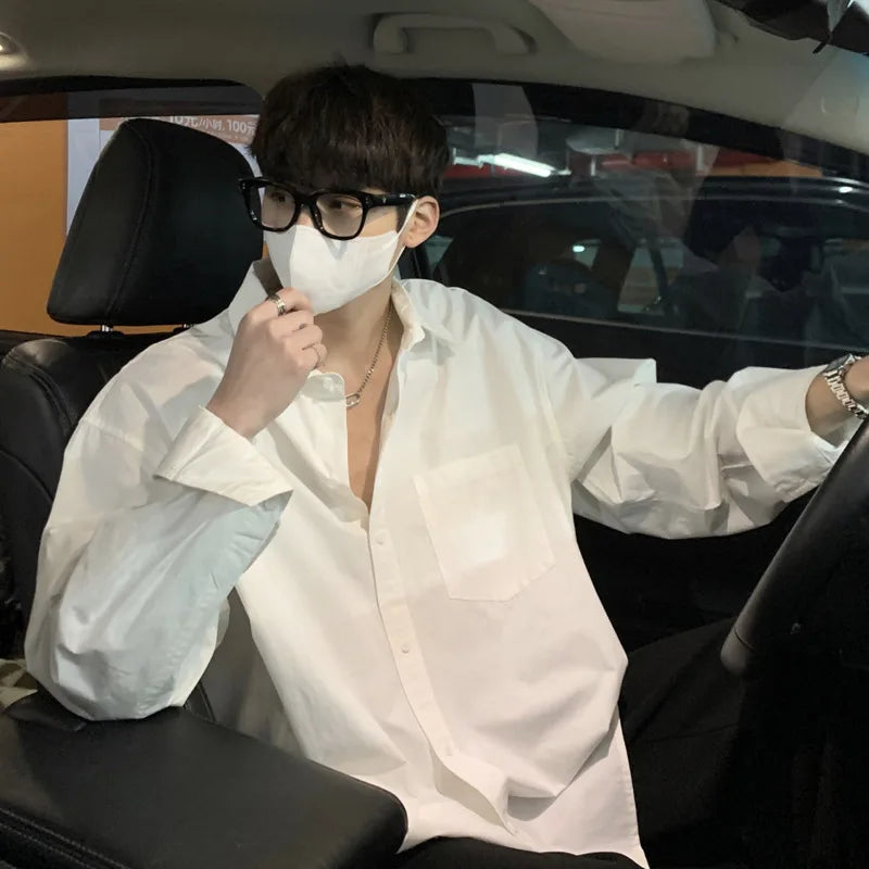HEARUJOY  -  Cotton Long Sleeved Shirt Men Society Mens Black Dress Shirt Korean Loose Casual White Shirt Mens Office Formal Shirts M-2XL