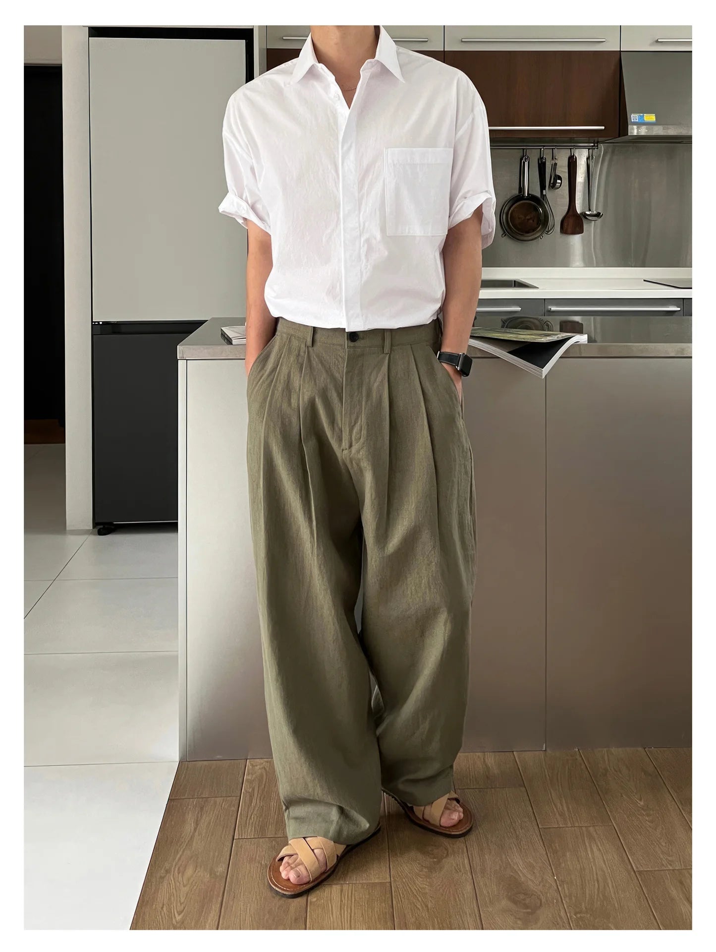 HEARUJOY  -  Men's Korean Light Luxury Draped Linen Wide Leg Pants Leisure Button-down Solid Color Straight Premium Elegant Sweatpants M-3XL