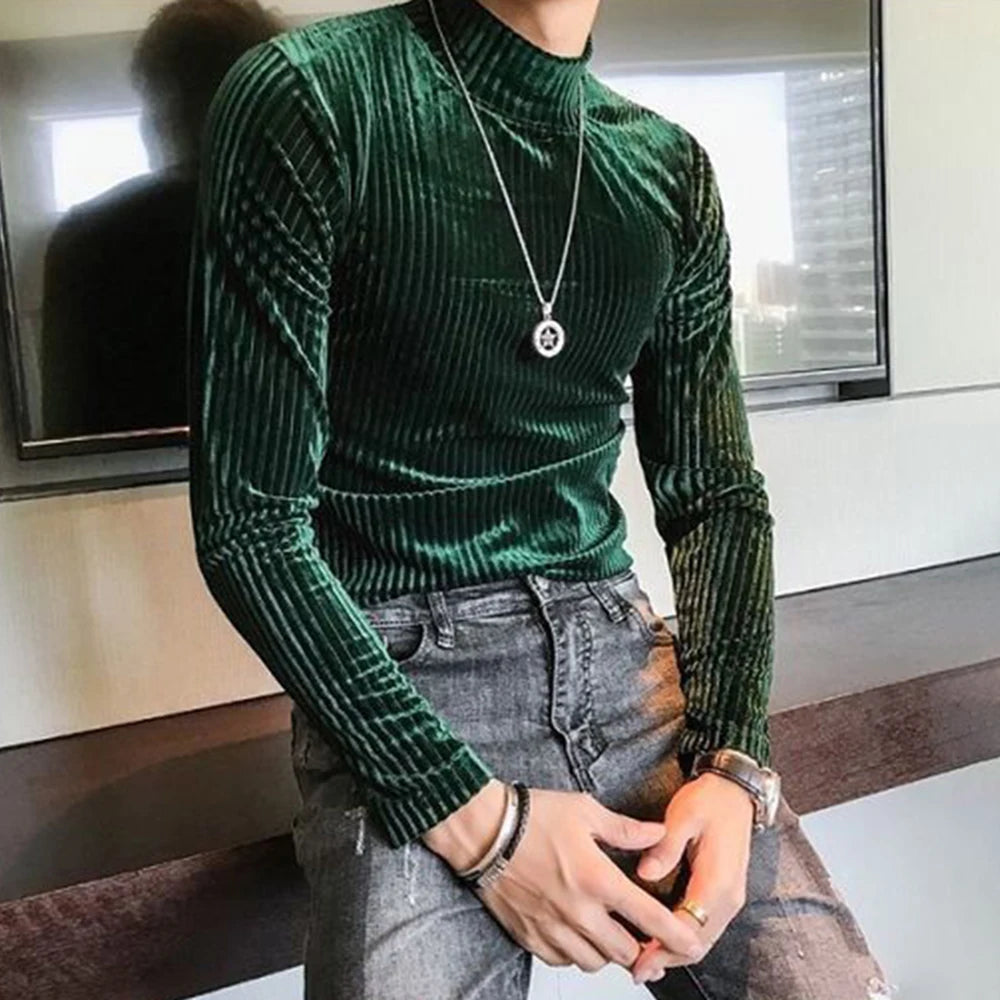 Hearujoy Velvet Turtleneck T-Shirt 2024 Spring Fall Slim Striped Casual Tops Men Long Sleeve Tight Tee Shirts Club Costume Camiseta Homme