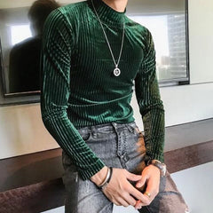 Hearujoy Velvet Turtleneck T-Shirt 2024 Spring Fall Slim Striped Casual Tops Men Long Sleeve Tight Tee Shirts Club Costume Camiseta Homme