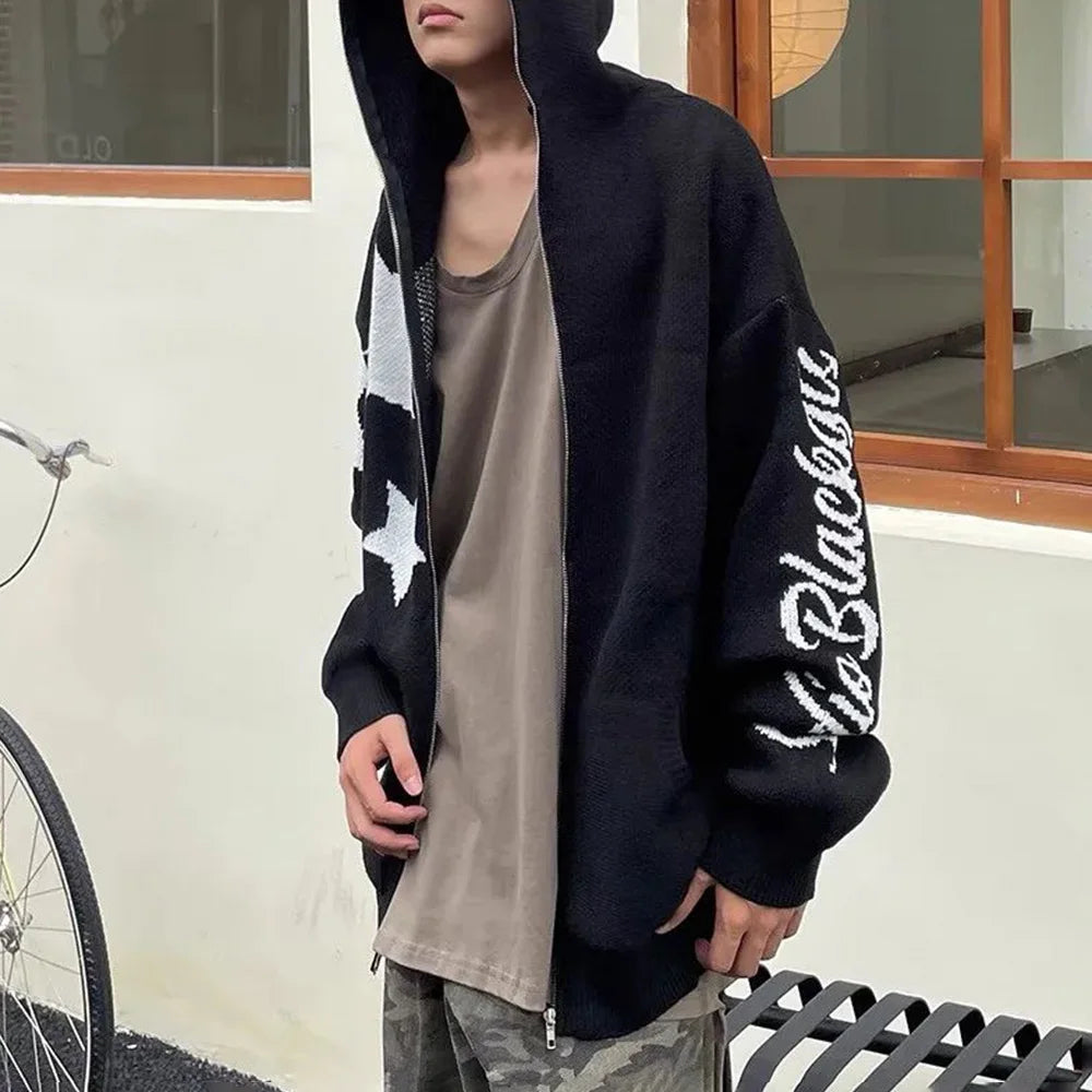 Hearujoy Star Zipper Cardigan Men Hooded Knitted Sweater Y2K Streetwear Spring Fall American Loose Casual All-match Hooded Sweater Jacket