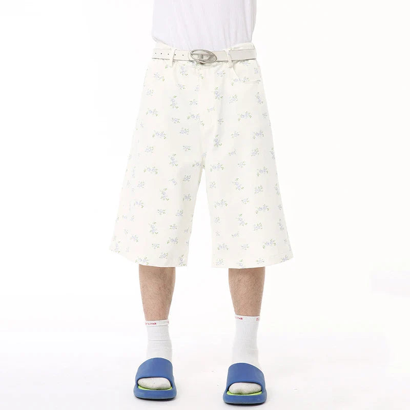 Hearujoy Niche Style Men's Casual Shorts Floral Printing Bottom Straight Knee-length Wide Leg Male Trousers Summer 9C6581