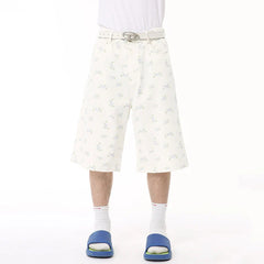 Hearujoy Niche Style Men's Casual Shorts Floral Printing Bottom Straight Knee-length Wide Leg Male Trousers Summer 9C6581