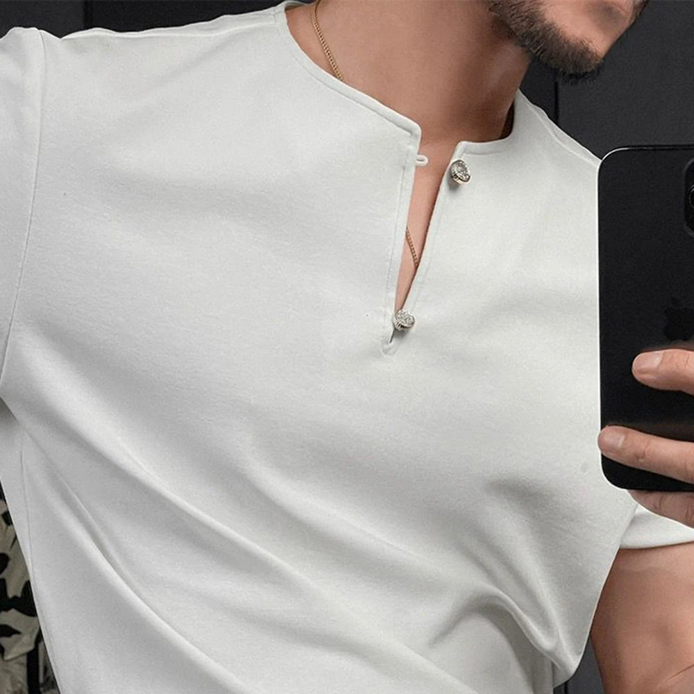 HEARUJOY  -  Men T-Shirt Slim Casual Henley V-Neck Tshirt Streetwear Fashion Youth Campus Breathable Short-Sleeve Top Men'S Clothing 2025 New