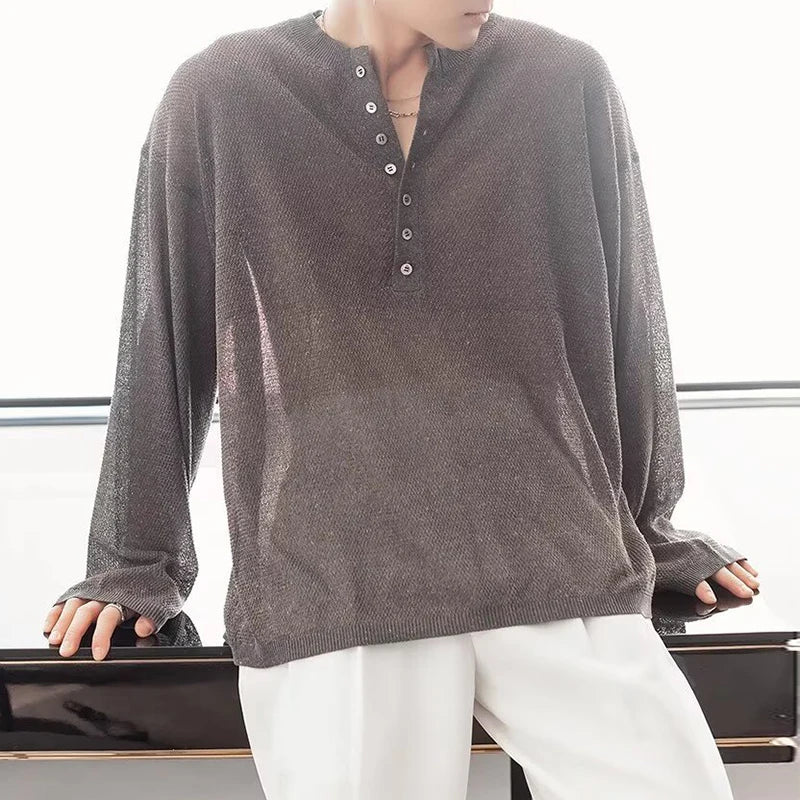 HEARUJOY  -  Stylish Knitted Henley T Shirts Mens Trendy Long Sleeve Button Hollow Out Knit T-shirt Spring Autumn Casual Men's Knitting Tops