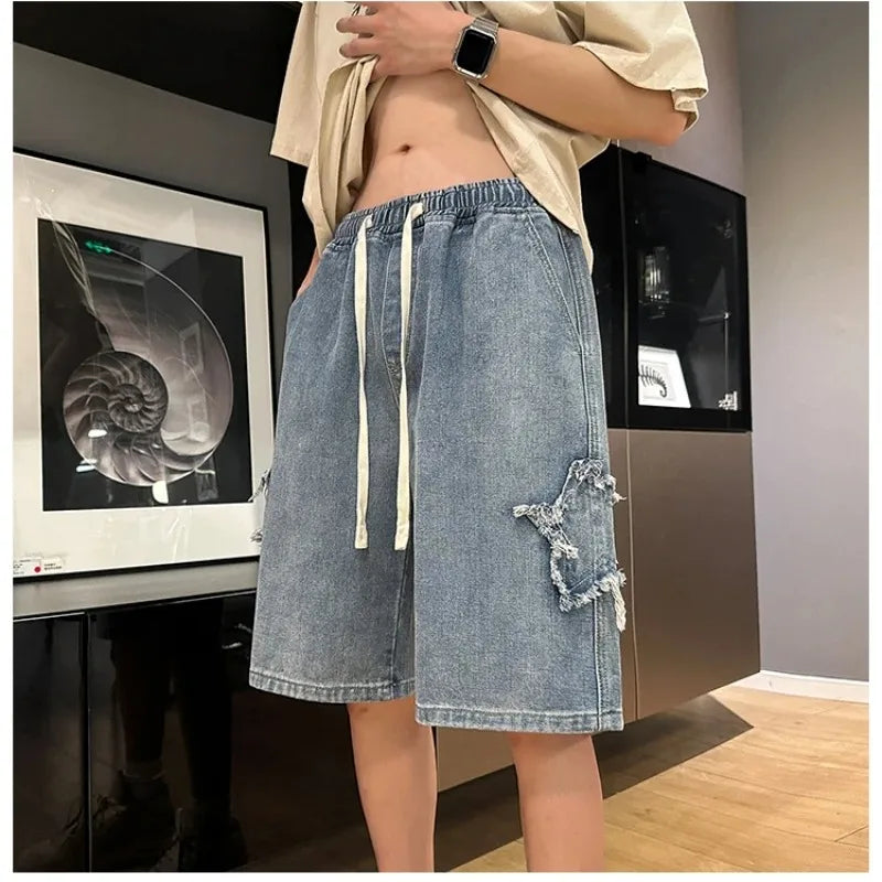 Hearujoy Embroidery Straight Casual Men Jeans Shorts Gothic Neutral Wide Leg Loose Hip-hop Fashion Youth Streetwear Denim Trousers Y2K