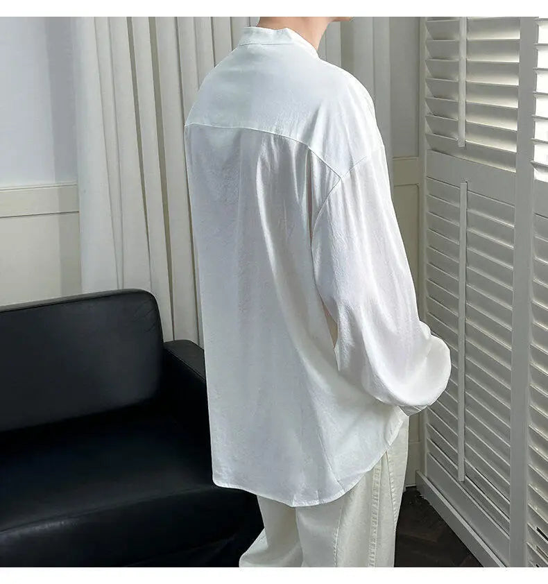 HEARUJOY  -  Korean Style Men's Casual Shirts Stand Collar Solid Color Single Breasted Loose Long Sleeved Male Tops New Summer