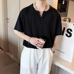 Hearujoy Summer Short-sleeved T-shirt Men Fashion Casual Black White Pleated Tshirt Men Streetwear Korean Loose V-neck T Shirt Men Tops