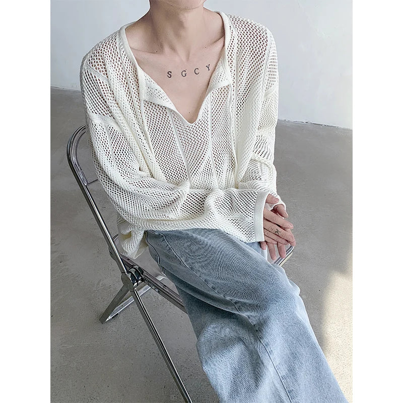 Hearujoy Autumn Knitted T Shirt Men Casual Oversized T Shirt Men Streetwear Korean Loose Long Sleeved T-shirt Men Hollowed Out T Shirt