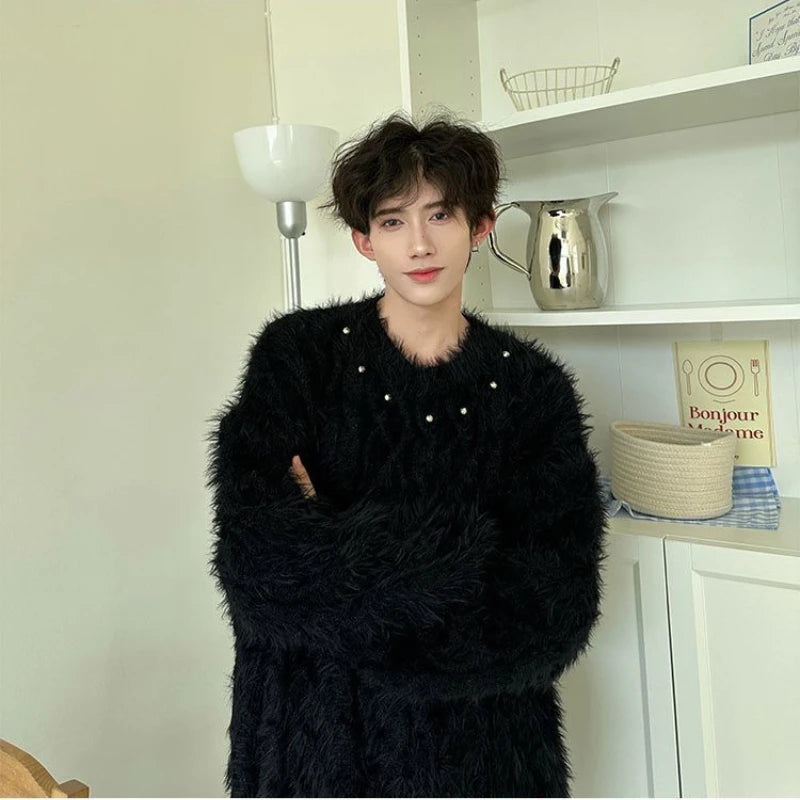 Hearujoy Korean Fashion Black Jumper Beaded Decoration Autumn and Winter Streetwear High Street Loose Pullover Men Gothic Harajuku Jumper