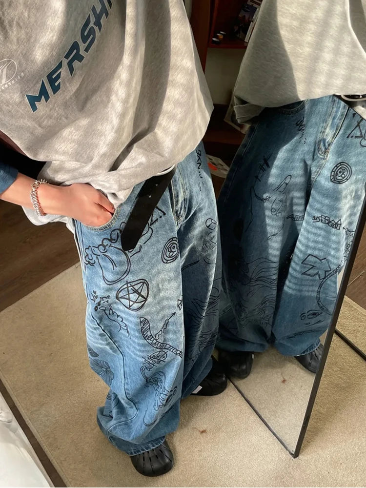 Hearujoy Hip Hop Baggy Jeans Men Oversize Denim Pants Blue Jeans Printed Wide Leg Trousers Male Jeans Hippie Streetwear Casual