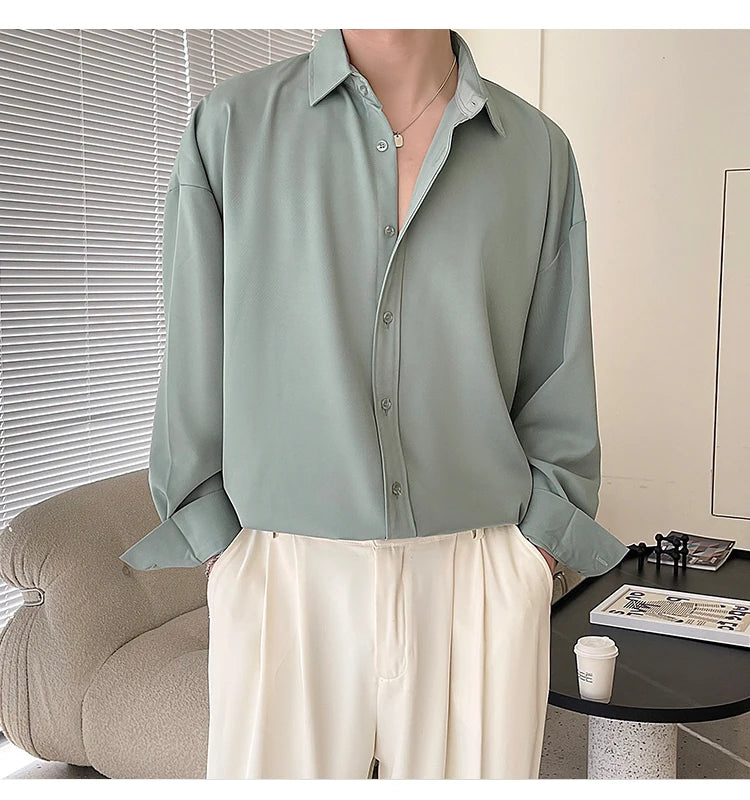 HEARUJOY  -  Long Sleeved Shirt Men Oversized Fashion Social Mens Dress Shirt Korean Loose Ice Silk White Shirt Mens Office Formal Shirts