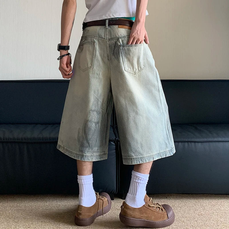 Hearujoy Mud Dyed Washed Worn Out Hole Straight Denim Pants Summer 2024 Wide Leg Contrast Color Male Shorts Casual 24E1065