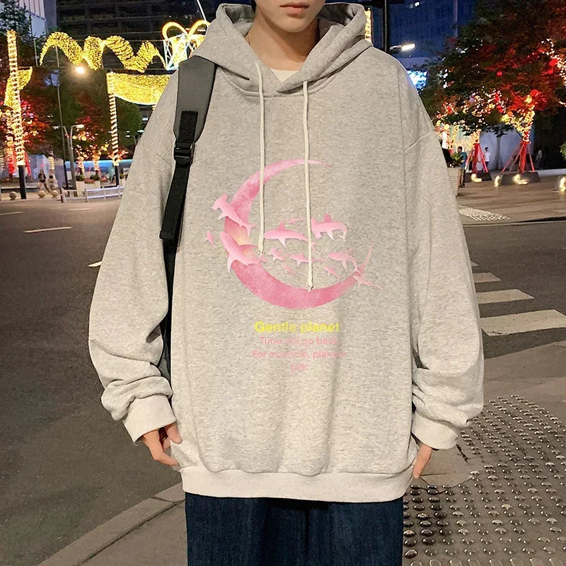 HEARUJOY  -  Funny Men's Oversized Hoodie Off White Hoodies with Hat Oversize for Men Moon Print 5XL Man Casual Wear Hoody Male Sweatshirt