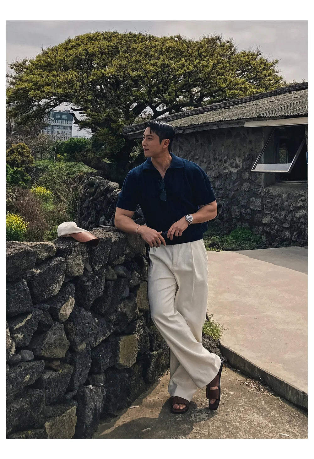 HEARUJOY  -  Men's Clothing Luxury Korean Popular Hollow Out Polo Shirt Leisure V Neck Short Sleeve Solid Color Retro Streetwear Knitwear