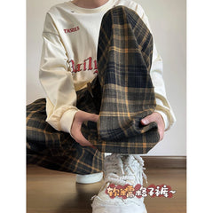 Hearujoy Autumn Plaid Pants Men Oversized Fashion Retro Casual Pants Men Streetwear Hip-hop Loose Wide Leg Pants Mens Vintage Trousers