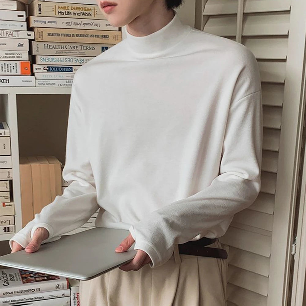 HEARUJOY  -  Korean Street Fashion Half Turtleneck Solid Color Long-Sleeved T-Shirt Mens Autumn Winter Pure Cotton Casual Bottoming Shirt Men