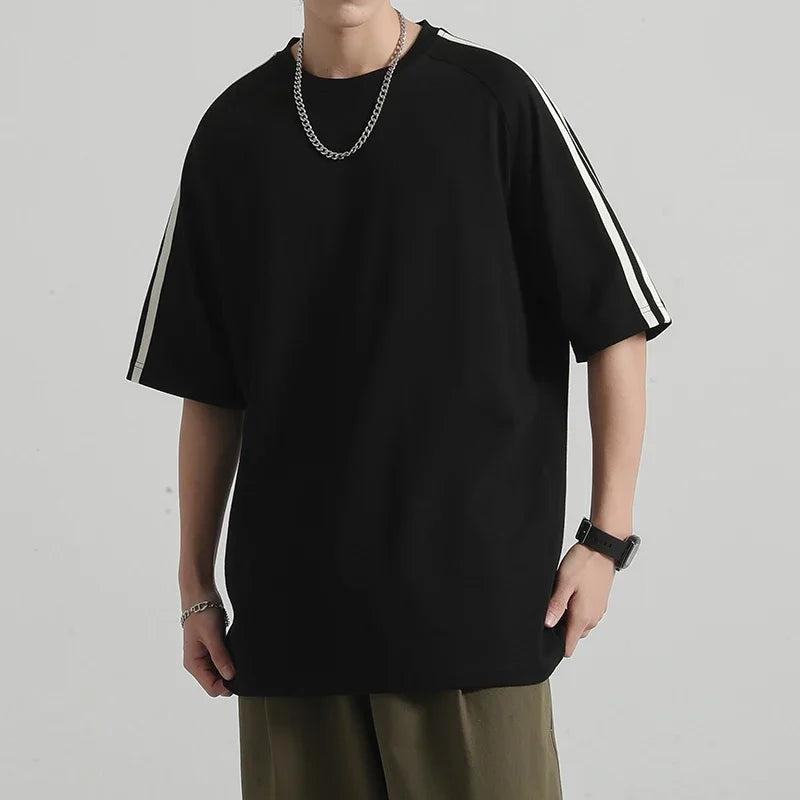 HEARUJOY  -  Summer Casual Striped Short Sleeved T-shirt Men's Fashion Oversized Patchwork Tshirts Solid Loose Half Sleeve Hip Hop Tee Top