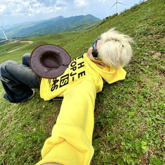 HEARUJOY  -  Male Hoodie Yellow Designer Clothing Deals 90s Vintage Cheap Cotton Novelty and No Brand New in Men's Hooded Sweatshirt Letters