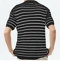 HEARUJOY  -  Men Luxury Hollow Knitwear Polo Shirt Short Sleeve Casual Streetwear Button Down Breathable Striped Contrast Knit Cardigan Tops