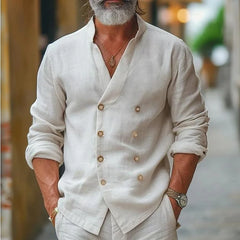 HEARUJOY  -  Vintage Cotton Linen Double Breasted Shirts Men Oversized Loose Long Sleeve Stand Collar Tops Spring Summer Home Casual Shirt