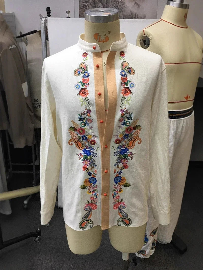HEARUJOY  -  Men Open Collar Embroidery Long Sleeved Shirt Top Ethnic Style Retro Cotton Shirt High Quality Fashion Vintage Shirt Streetwear
