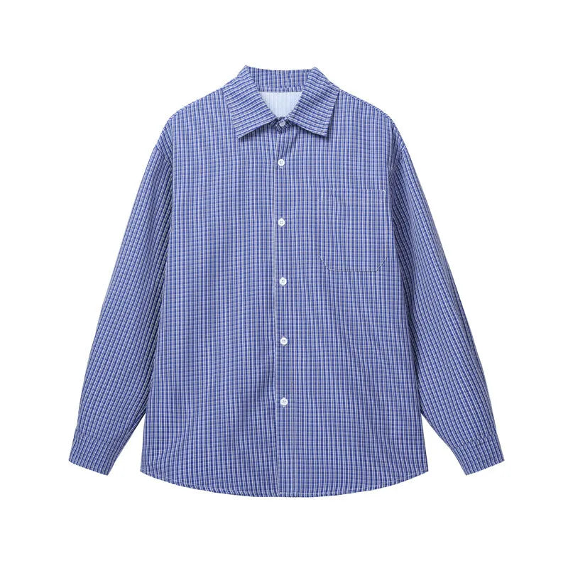 HEARUJOY  -  Long Sleeved Shirt Men Oversized Casual Plaid Shirt Men Streetwear Korean Loose Blue Casual Shirt Mens Shirts Plus Size 5XL