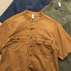 HEARUJOY  -  Japan Style Mens Linen Cotton Short Sleeve Shirt Harajuku Summer Stand Collar Solid Color Male Casual Breathable Classical Tops