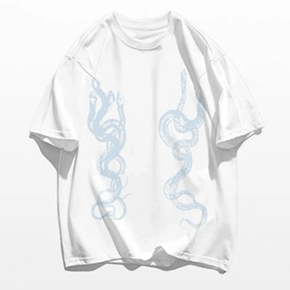 Hearujoy Men's Casual T-Shirt Fashionable Trendy Hip-Hop High Street Y2k Retro Snake Pattern Loose Cotton Top Spring And Summer