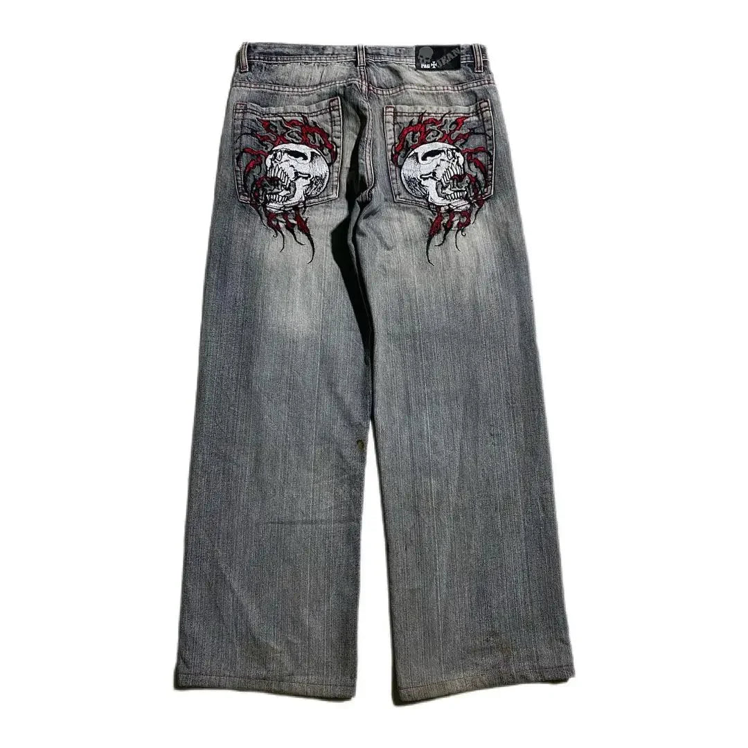 Hearujoy Y2K Gothic Skull Embroidered Baggy Jeans for Men Harajuku Women High Waist Wide Leg Straight Pants Punk Grunge Trendy Streetwear