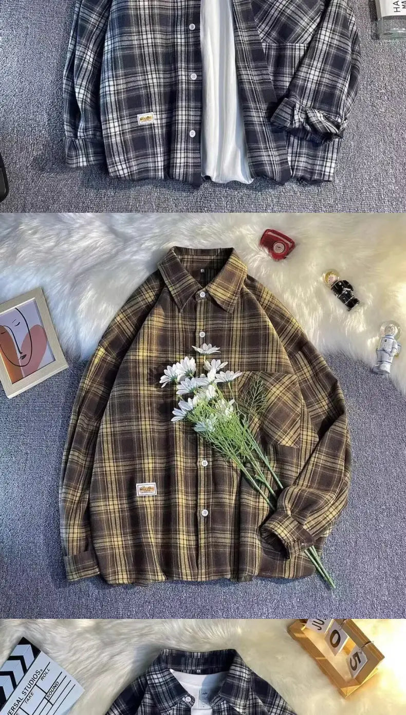 HEARUJOY  -  Plaid Shirt Men's Long Sleeve Student Fashion Brand Loose Jacket