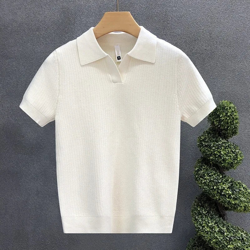 HEARUJOY  -  New Fashion Business Tops Men's Polo Shirt Light Luxury Leisure Knitted V Neck T-shirts for Man Korean Popular Short Sleeve Tees