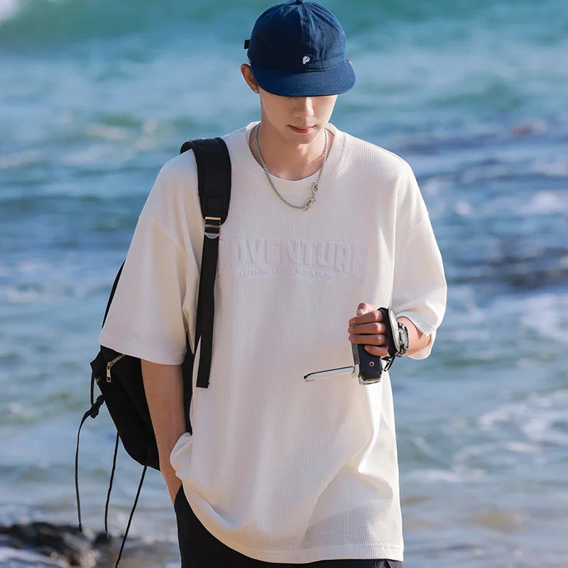 HEARUJOY  -  Summer Men T-Shirt ADVENTURE Tops Tees Male Fashion Letter Camiseta Short Sleeve Men Clothing Harajuku Streetwear T Shirts
